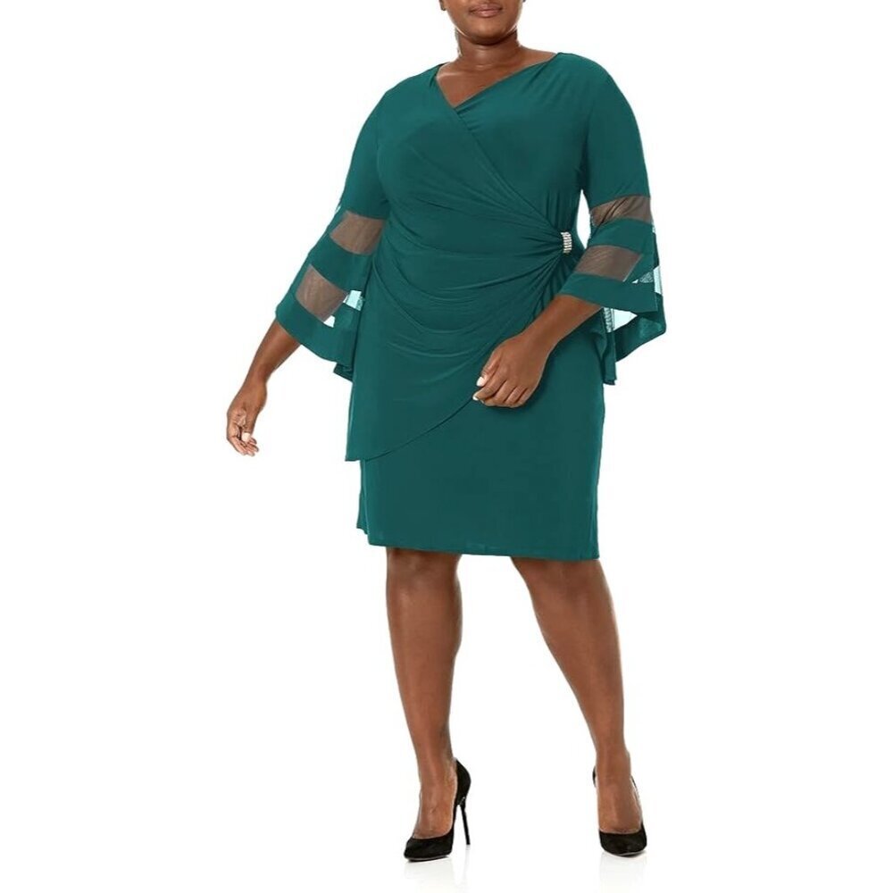 R&M Richards Womens Emerald Bell Sleeve Faux Wrap Cocktail Dress Plus Sz 18W New